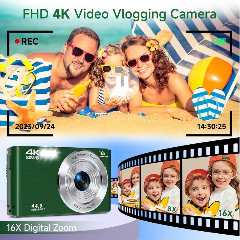 SMARTKLIK Digital Camera, FHD 4K 44MP Autofocus Compact Digital Cameras for Teens, Green Point and Shoot Camera for Kids with 16X Zoom, 64GB SD Card, Small Digital Camera for Boys Girls Teens Kids Gift - Image 3